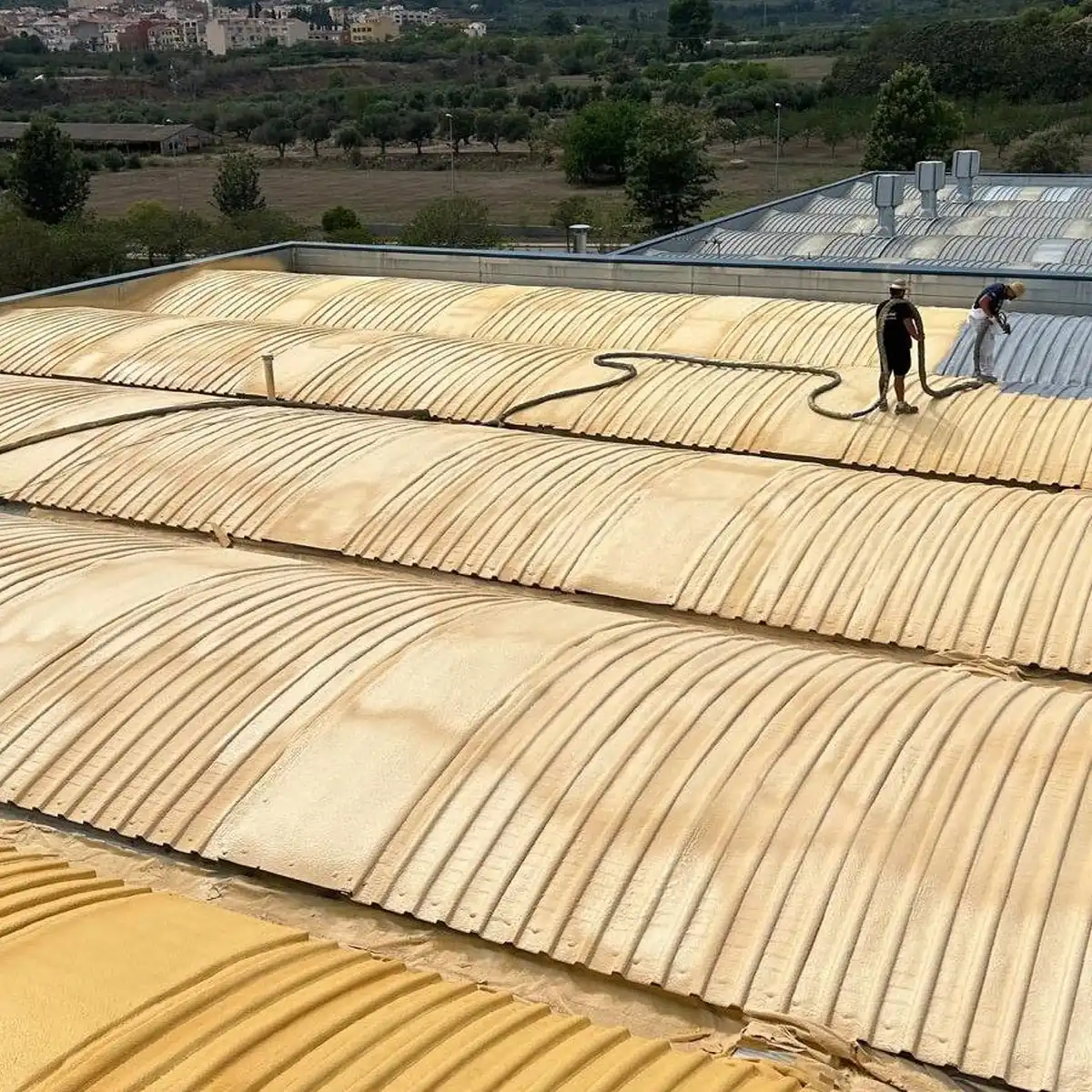 Crew at the far end of the foamed roof, La Selva del Camp