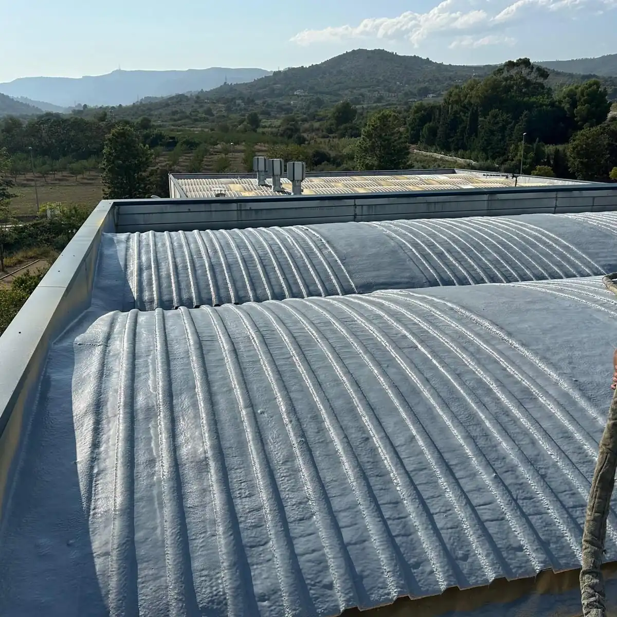 Grey polyurea membrane over foamed roof ribs, Tarragona
