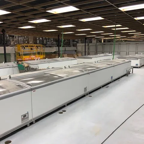 Chest freezers in rows on the pale floor