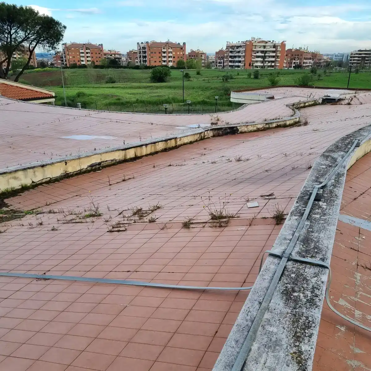 Weeds and broken tiles on the old nursery roof, Rome