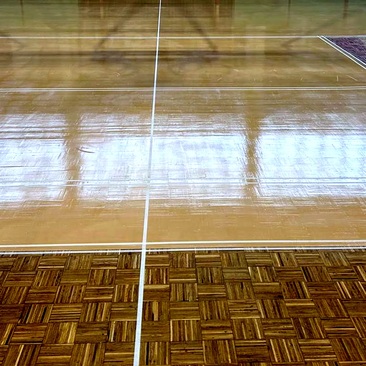 Freshly varnished parquet with white court lines in Granollers