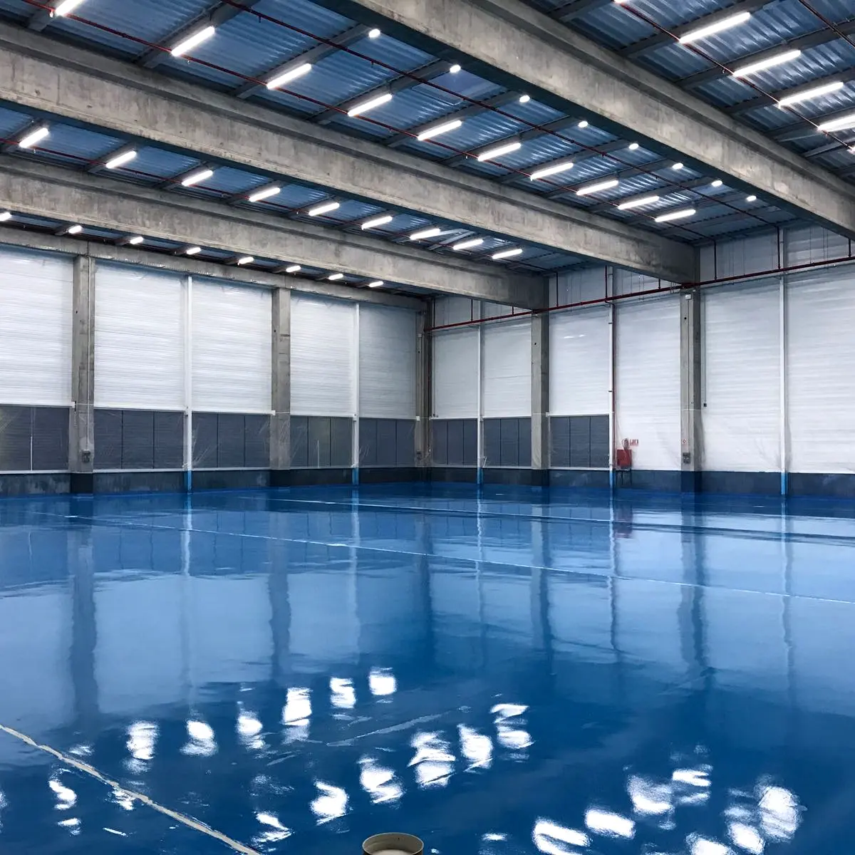 Glossy blue production floor after coating, Algeria pharma plant