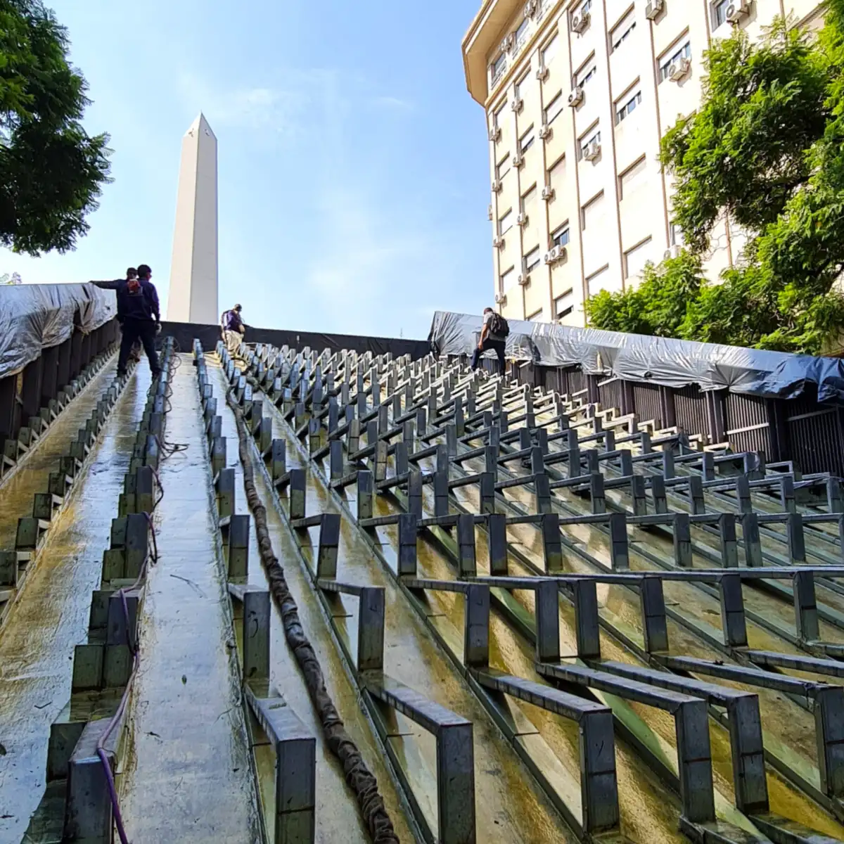 Rows of steel frames on the sloped roof of the police control centre, Buenos Aires