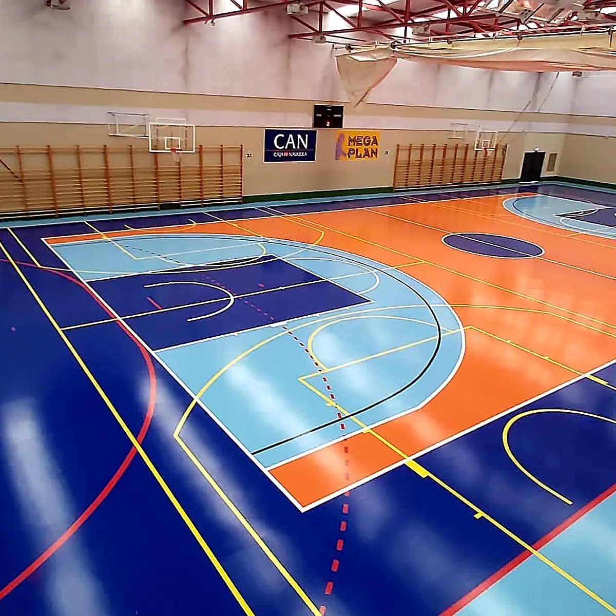 Court seen from the far end, with blue run-off and orange key zones, Marcilla Court seen from the far end, with blue run-off and orange key zones, Marcilla