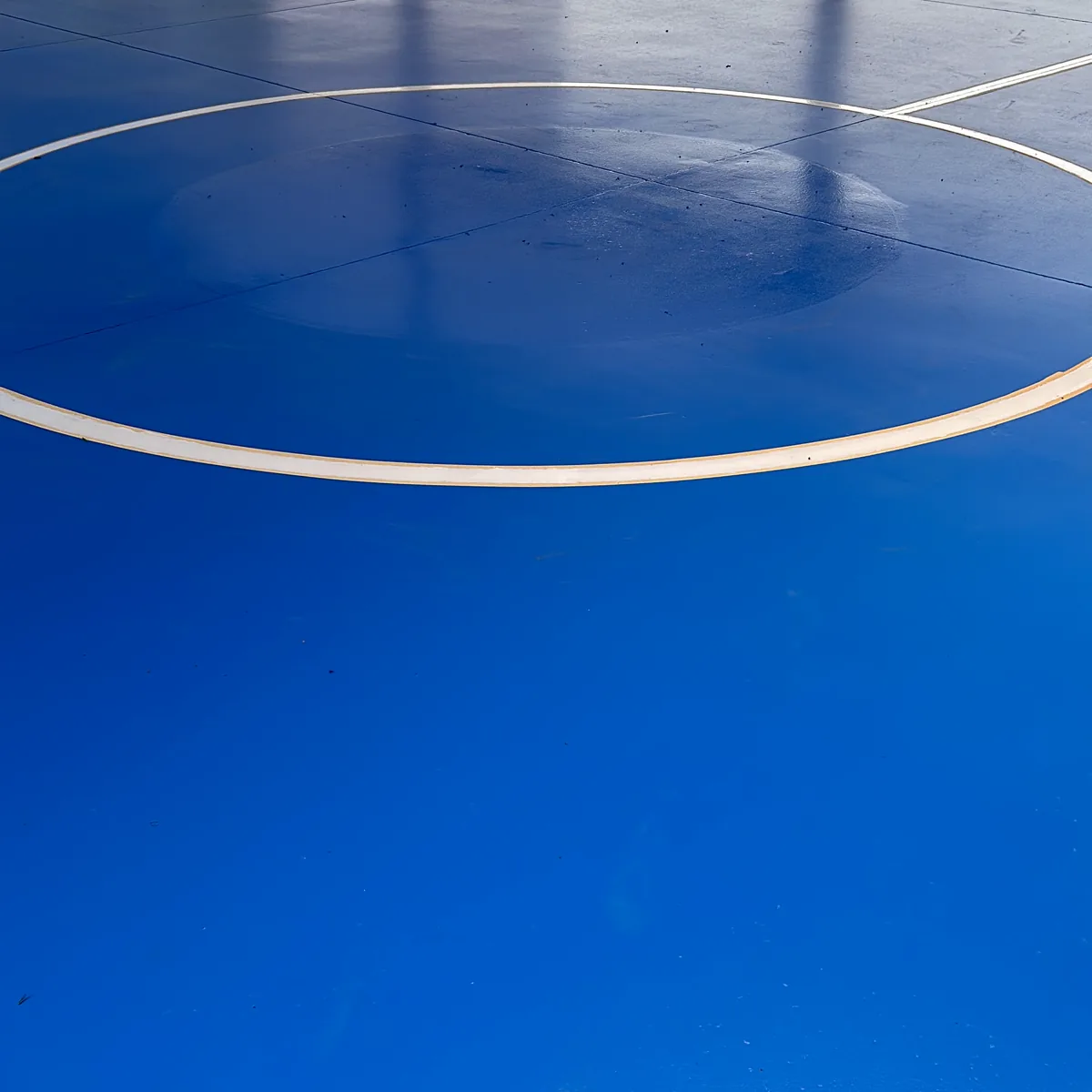 White centre circle on the dark blue court, Can Bassa pavilion