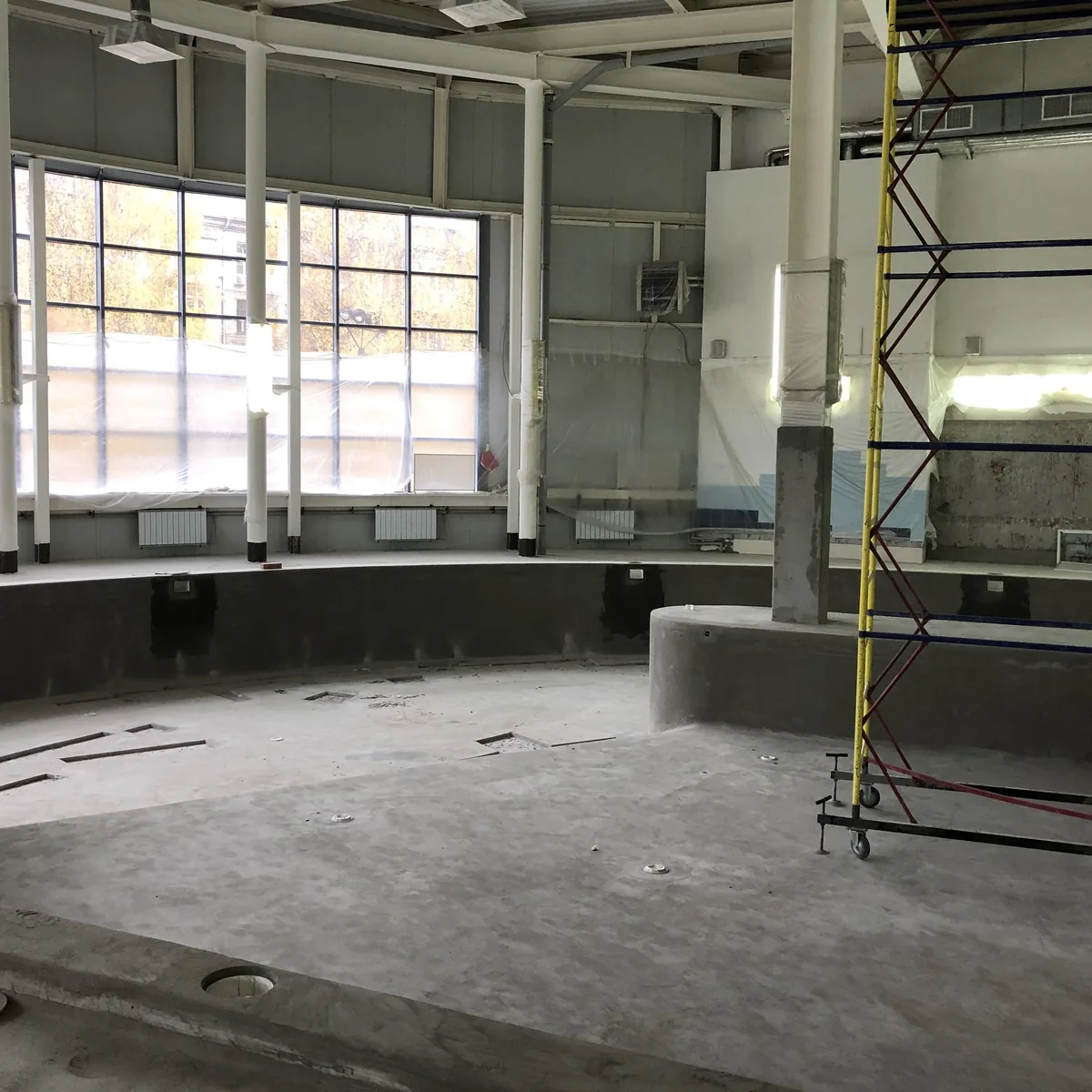 Scaffold tower in the drained pool during works, Russia