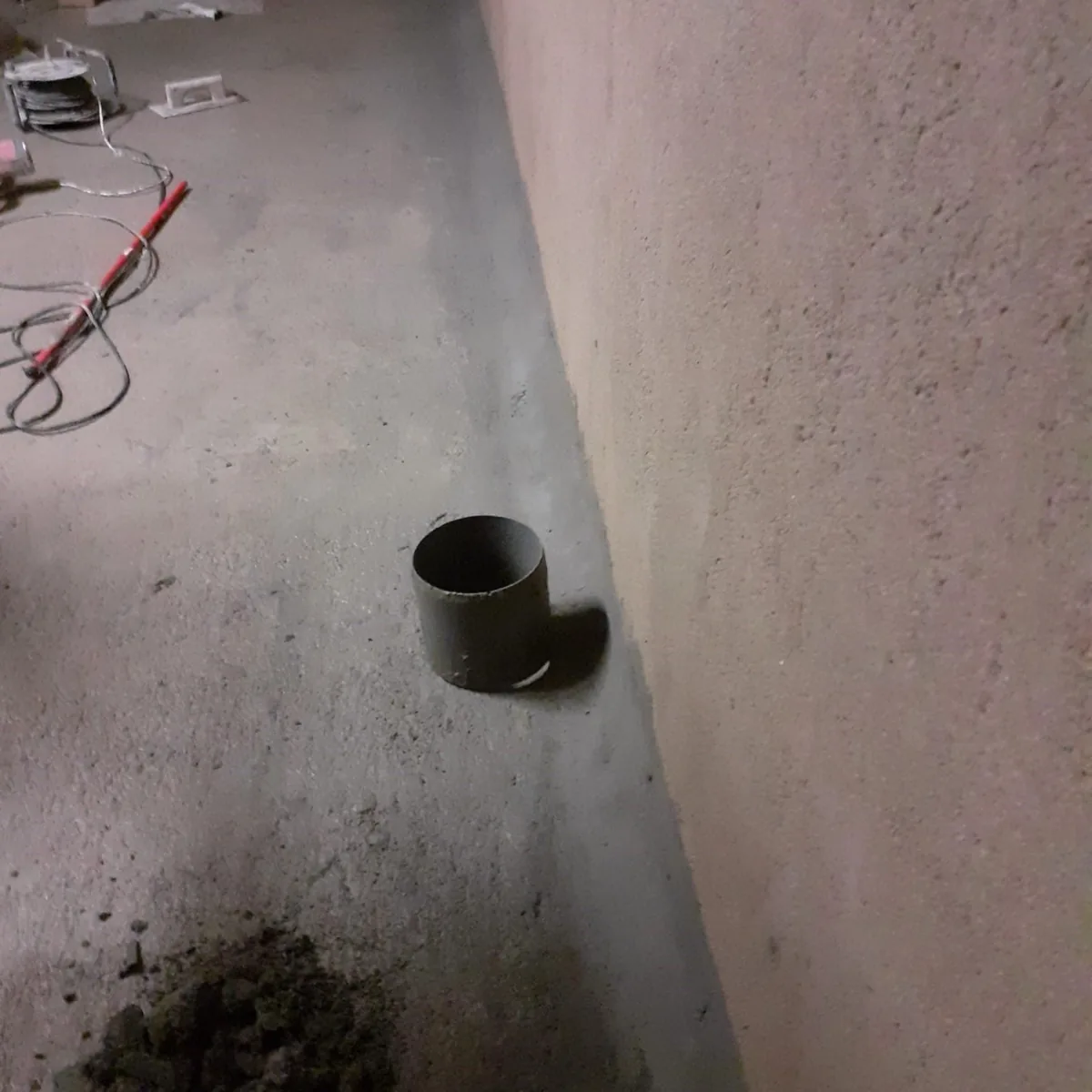 Floor outlet pipe in the tank before lining, Mallorca